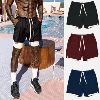 2 Em 1 Ginásio de Nylon Plus Size Homens de Shorts de Elástico Personalizado Cor Sólida Shorts de Basquete