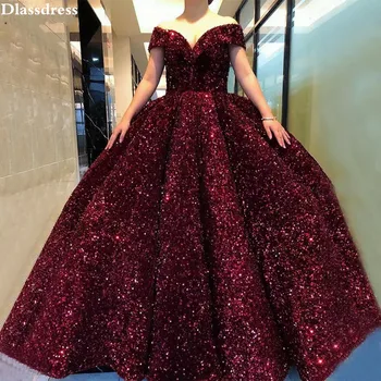 2020 Vinho Vermelho Vestidos de Noite Novo de Luxo com Paetês Blingbling Bola Vestido Off Ombro V-pescoço até o Chão Vestido de Baile вечерние платья