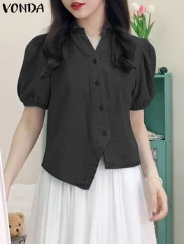 2023 Moda Blusa VONDA Mulheres de Cor Sólida Camisas de Verão virada para Baixo de Gola Manga Curta Elegante Casual Irregular Bainha da Túnica Tops