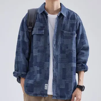 2023 Outono Inverno Solta Homens De Camisa Jeans Casual Coreano De Moda Carga Casaco Vintage Japonês Outerwear Camisas, Casacos Para Homem