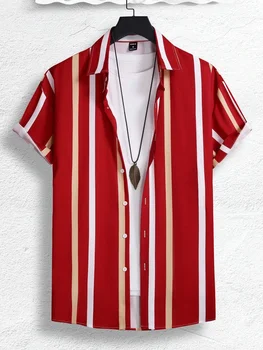 2024 Camisa de homem Roupa de Verão Listrado Gráfico de Impressão 3D Camisas para Homens de Manga Curta Tops Streetwear Solto e Casual Camisas Havaianas