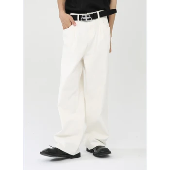 2024 Popular Meio de Cintura Solta calça Jeans Reta para Homens Simples de Estilo de Rua Básica de Perna Larga Calças Jeans Branco Preto Frete Grátis