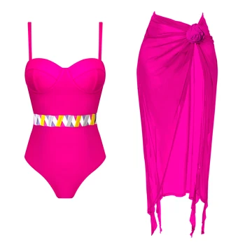 2024 Underwire Um Maiô e Saia de Swimwear das Mulheres Push Up Body Monokini Alta Perna de Terno de Nadar de roupa de Banho moda praia