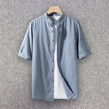 2024 Verão do Algodão dos Homens de Linho, Camisas de Manga Três quartos Confortáveis Botão Baixo Camisa de Banda Gola de Camisas de Praia
