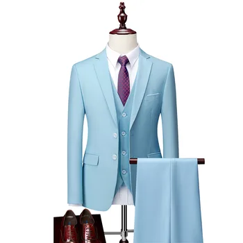 3 Peça Homens De Terno Para O Casamento, O Noivo Slim Fit Céu Azul Terno Masculino Feito Casual De Negócios Conjuntos De Blazer Elegante Melhor Homem