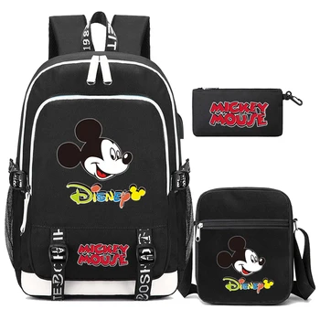 3Pcs/set Disney Mickey Mouse, Mochila para o Menino Menina de Volta Para a Escola Bookbag Adolescente Cartoon Impressão Saco de Escola Usb do Laptop dos Homens, Saco