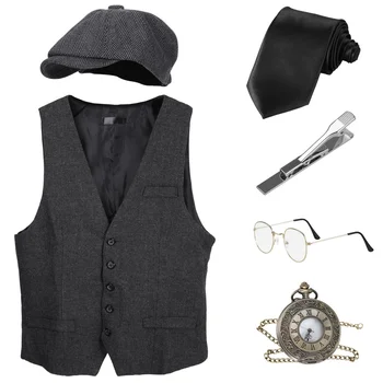 6Pcs/Set 1920 Homens Traje Conjunto de Acessórios de Alta qualidade de 1920 Homens Gatsby Colete de entregador de jornais Terno Chapéu Relógio de Bolso Óculos de prendedor de Gravata