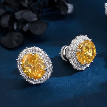925 de Prata amarelo de alto -carbono diamante grande flor de gelo corte brincos são mulheres brilhante casamentos jóias requintadas presentes