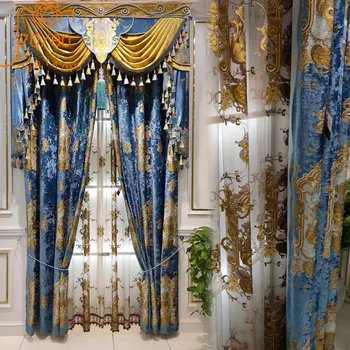 Alto Grau de Azul, Dourado Bordado Flannelette 3D Esculpida Cortinas para Sala de estar, Quarto francês Janela Villa de Personalização