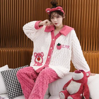 Anime Bonito Toy Story Pijama Kawaii Cartoon Lotso Coral De Veludo Pijama Conjunto Mais De Veludo Engrossado Quente Flanela De Roupas Em Casa