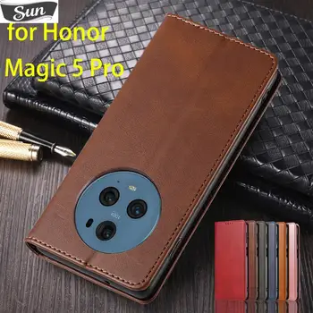Atração magnética Flip Cover capa de Couro para o Huawei Honor Magic 5 Pro / Honra Magic5 Pro Titular do Cartão de Carteira de Caso Fundas Coque