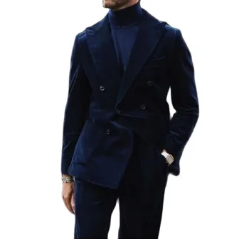 Azul escuro Homens Ternos de Veludo do Casaco Blazer Calças de Inverno de Espessura 2 PCS Jaqueta Calças de Ternos Desgaste Pico de Colarinho Homens Conjuntos de Assessor de