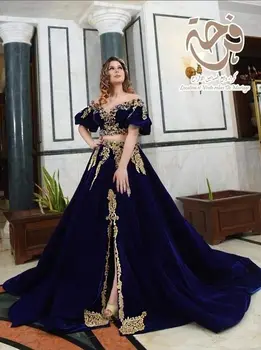 Azul Marinho Khawa Algerian Prom Vestido Formal Duas Peças Tunisian Traje De Apliques De Renda De Veludo Fenda Noite Ocasião Vestido Das Mulheres