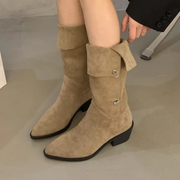 BCEBYL Novo Pontiagudo Dedo do pé Quadrado Calcanhar de Metal Decoração Elegante Moda Sapatos femininos resistente ao Desgaste Confortável e Casual Botas