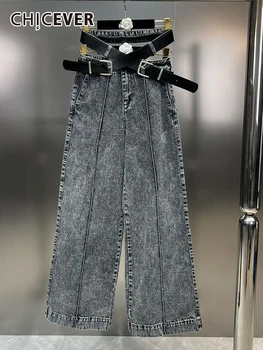 CHICEVER Solto e Casual Jeans Reta Calças Para as Mulheres de Cintura Alta Patchwork Cinto de Streetwear Minimalista de Moda de Calças Femininas Nova