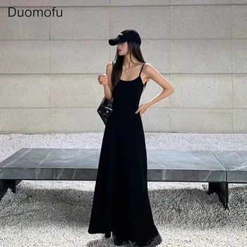 Duomofu Preto Stap Longa Vestido das Mulheres de Streetwear sem Mangas A Linha de Vestidos de Y2K coreano Slim Sundress Verão Elegante, Casual, Vestidos