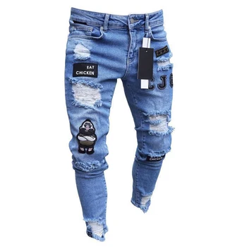 Emblema Bordado de Homens de Jeans Skinny Desfiado Quebrado Furos de Design de Calças para os Homens do sexo Masculino Meninos uso Diário