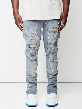 Fenda lateral do Zíper do Jeans Homens de Pintura de Ajuste Fino de Algodão Ripped Jeans, Calças de Outono de Alta Moda de Rua Joelho Abrasão Luz Azul Jeans