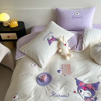 Hello kitty Kuromi Cinnamoroll leite instantâneo de veludo cama folha de capa de edredão animação dos desenhos animados de inverno, além de veludo espessamento 4pcs