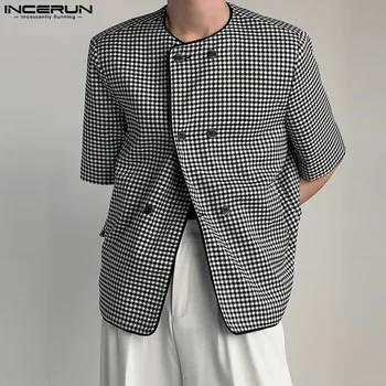 INCERUN Tops 2023 Estilo coreano Novos Homens Collarless Design Casual se ajustar Casacos de Moda Quente da Venda de Manga Curta Casaquinho Blazer S-5XL