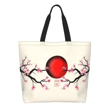 Japão Sakura Flores De Cerejeira Com Um Vermelho Pôr-Do-Sol Às Compras De Lona Sacos Reutilizáveis Grande Capacidade De Mantimentos Flor Tote Shopper Bags