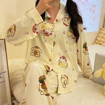 Kawaii Sanrio Anime Pompompurin Nova de Manga comprida de Algodão Pijama Conjunto Bonito dos desenhos animados Casa usar Vestuário de Presentes para Meninas