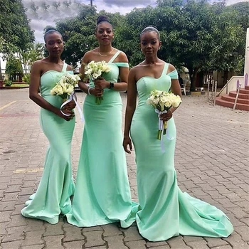 Longo De Um Ombro Vestidos De Dama De Honra De 2023 Hortelã Verde De Cetim De Noiva Sereia Sexy Vestido De Festa Africana Menina Mulheres Vestidos De Baile
