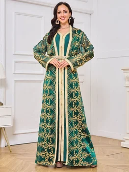 Marrocos Muçulmano Vestido de Festa para as Mulheres Quimono Abaya 2 Conjunto de peças de Luxo em Dubai Islâmica Vestidos de Verde Bordado de Kaftan Manto Abayas