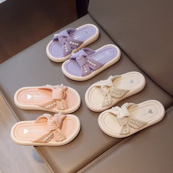 Meninas o Verão Chinelos de quarto Estilo coreano Pearl Design de Sapatos de Crianças de Moda Bonito Cruz Frisado Crianças Outwear Chinelos de quarto pantufa тапочки