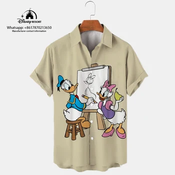 Minnie do Mickey de Anime 3D de Impressão Nova Primavera Streetwear Marca Disney Homens Lapela da Camisa de Manga Curta Estilo Harajuku Slim Top 2023
