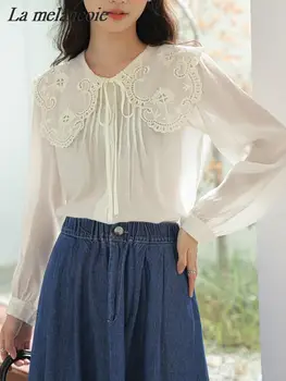 Moda Coreana Blusa Mulheres Primavera 2024 Novo Chique Elegante Solta Botões De Camisa De Rendas Bordados De Manga Longa, Gola Colarinho Tops