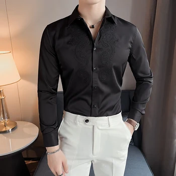 Moda de luxo Bordado da Camisa dos Homens de Negócio de Alta Qualidade de Ajuste Fino de Manga Longa, Camisa Social, Camisa de Vestido Camisa Homme 4XL-M