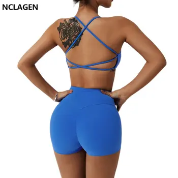 NCLAGEN Yoga Conjunto 2 peças de Roupas Sutiã & Biker Shorts, Calças de Fitness Terno Exercício Roupas de Ginástica Mulheres Sportwear