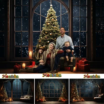 Noite De Natal De Fundo Da Janela De Árvore De Natal Decorações Retrato De Família Estúdio De Fotografia Pano De Fundo, Noite De Inverno Dom Photozone