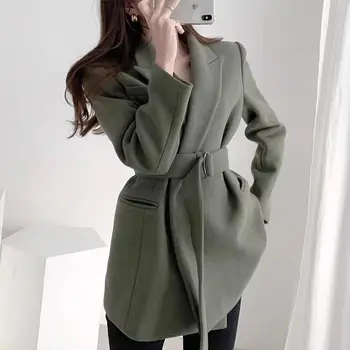 O coreano Outono/Inverno, o Blazer Jaqueta Vintage Suit Gola Bolso Grande Laço na Cintura Magro Comprimento Médio de Lã Mulheres Casaco Z3190