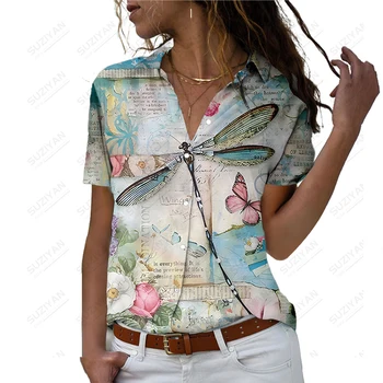 O verão nova-dama, camisa de libélula borboleta 3D impresso senhora camisa estilo casual camisa tendência da moda feminina camisa