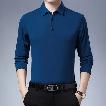 Os homens da Primavera e do Outono Sólido Camisa Polo Manga Curta-Slim Fit Polo de Moda Streetwear Tops Homens Camisas Office Camisas Casuais B03