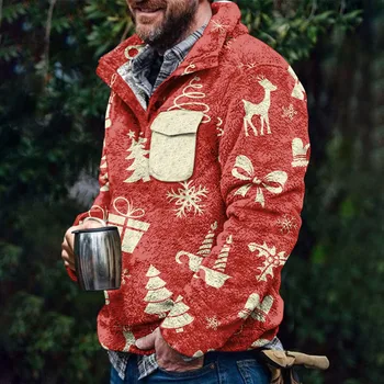 Os Homens De Natal Casaco De Inverno De Lã Engrossar Elk Impresso Colar De Botão Bolsos Camisolas Vintage Festa De Natal Casaco Coats