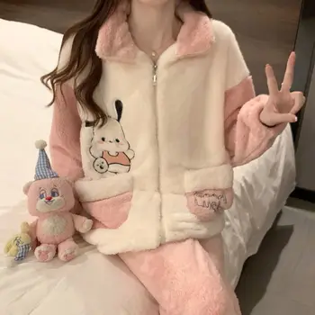 Pochacco Kawaii Pijama Mulher Sanrio Anime Cartoon Outono Inverno Zíper Espessamento Do Coral De Veludo Aluno Quente Loungewear Conjunto Dom