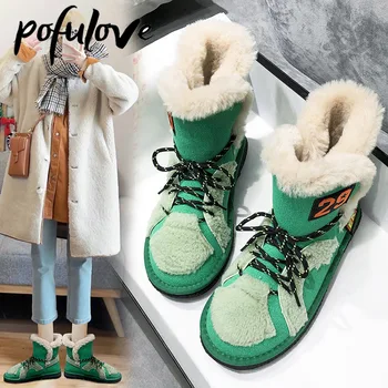 Pofulove Botas de Neve para as Mulheres Sapatos de Inverno Botas de Pele de Pelúcia Quente Tornozelo Botas de Plataforma Punk Sapatos de Designer de Moda Preto Verde