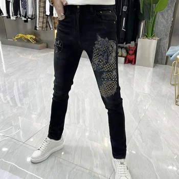 Preto Queda Animal Cavalo Broca Quente Homens Legging Slim Fit Moda Coreano De Alta Qualidade Strass Em Estampa Jeans