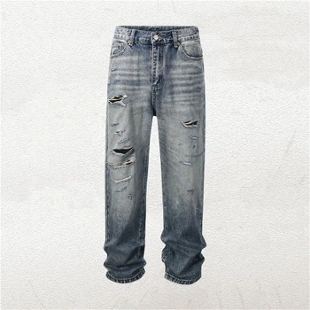 Retro 2023 Homens Azuis Destruído Jeans Rasgado Furos De Cinco Bolso Estilo Streetwear Outono