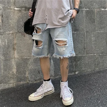Ripped Jeans Shorts para os Homens Verão Ins de Moda de Cinco pontos Calças Jeans Vintage Streetwear Masculino Calças Casuais Fundos Plus Size