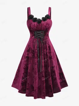 ROSEGAL Plus Size de Veludo em Relevo Vestidos de Vermelho Profundo Vintage Floral Guarnição de Renda de Até Um Vestido de Linha Oversize Mulheres Casual, Vestidos 5XL