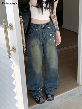 S-5XL Jeans para Mulheres Comprimento Total de Hip Hop Legal Meninas Diário Moda Retro Lavado Chic Estilo Americano Elástico Design de Botão Novo