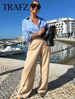 TRAFZA Feminino Sólido Elegante Solta Grande Perna de Calça Casual Vintage Chic Cintura Alta Zíper Lateral Mulheres de Calças compridas Streetwear