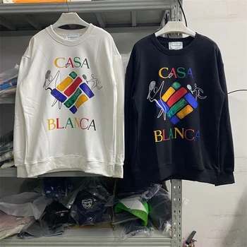 Tênis de cor letras de homens e mulheres hoodies Casablanca alta qualidade de moletom preto e branco pulôver