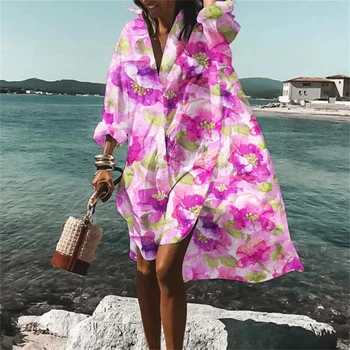 Verão de mulheres estampa Impressa Férias de Praia Blusa Casual Boêmio Camisa de Vestido de Dama de Vestidos de Festa Vestido de Noite y2k Roupas