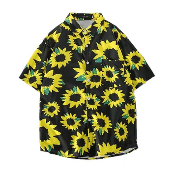 Verão Nova Mens Daisy Impressão De Manga Curta, Camisa Preta Trendyol Homens Oversize Praia Havaiana Camisas Soltas Casal Floral Camisa Hemd