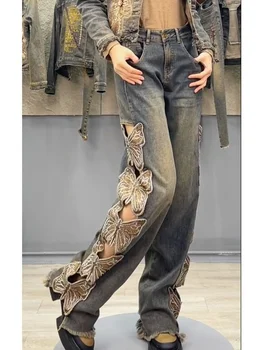 Verão Y2K Streetwear Harajuku Borboleta Decoração de Jeans, Calças de Mulheres de Cintura Alta Bordado Solta Reta Buraco Ripped Jeans